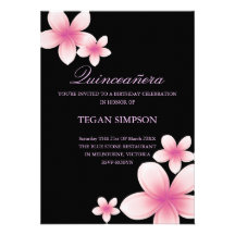 Pink/Black Frangipani Quinceañera Birthday Invite