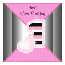 Pink Black Girls 1st Birthday Party Invites