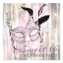 Pink Black White Sweet 16 Masquerade Party Announcements