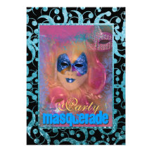 Pink blue "masquerade party" venetian costume personalised invites