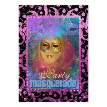 Pink blue "masquerade party" venetian party personalised invite
