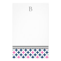 Pink Blue White Geometric Monogram Stationery