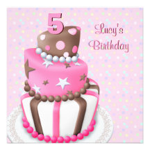 Pink Brown Cake Girls 5th Birthday Party Custom Invites