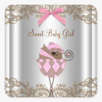 Pink Brown Carriage Baby Shower Label stickers