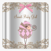 Pink Brown Carriage Baby Shower Label stickers