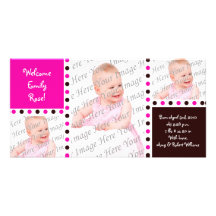 Pink & Brown Photo Birth Announcements Custom Photo Card