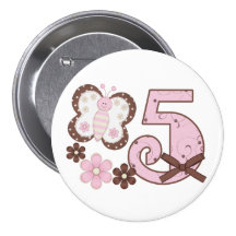 Pink Butterfly 5th Birthday Button