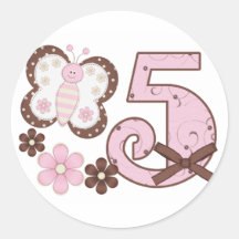 Pink Butterfly 5th Birthday Round Stickers