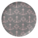 pink chandelier damask on deep grey plate