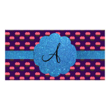Pink cupcake purple background monogram picture card