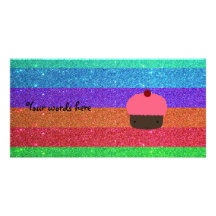 Pink cupcake rainbow glitter custom photo card