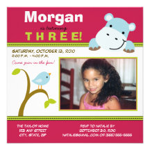 Pink Custom Hippo & Birdie Birthday Party Invite