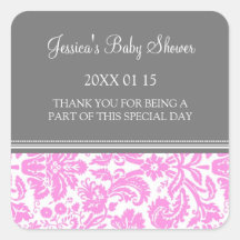 Pink Damask Baby Shower Favor Stickers