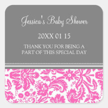 Pink Damask Baby Shower Favor Stickers