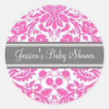 Pink Damask Baby Shower Favor Stickers