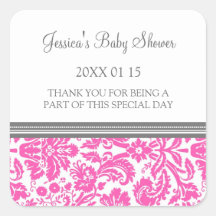 Pink Damask Baby Shower Favor Stickers