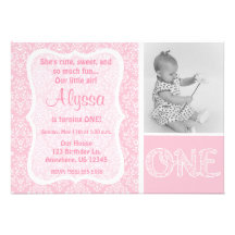 Pink Damask Girls First Birthday Invitation