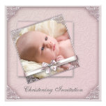 Pink Damask Girls Photo Christening Personalised Announcement