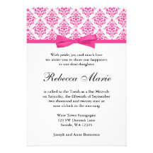 Pink Damask Ribbon Bow Bat Mitzvah Invitations