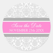 Pink Damask Save the Date Envelope Seal Sticker