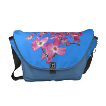 Pink Dogwood on blue bag Messenger Bags