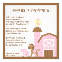 Pink farm animals girl's birthday party invitation