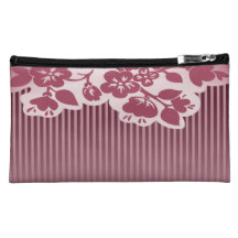 Pink Flowers and Strips Cosmetic Bags