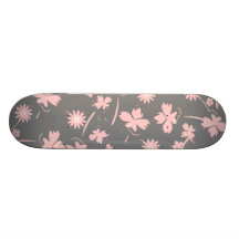 Pink Flowers on Grey Skate Board Deck