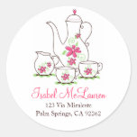 Pink Flowers Tea Set Address Labels Round Stickers