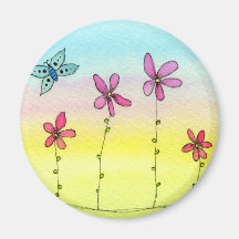Pink Flowers with a Blue Butterfly Fridge Magnets