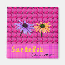 pink gem stones and daisy flowers, save the date fridge magnets