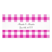 Pink gingham pattern wedding favours customised photo card