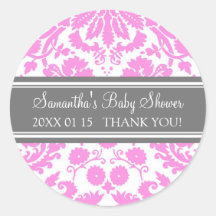Pink Gray Damask Baby Shower Favor Stickers