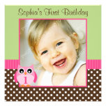 Pink Green Owl Polka Dot 1st Birthday Girl Photo Personalised Invites