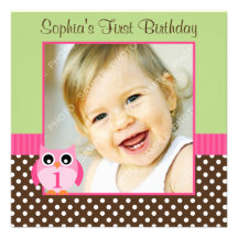 Pink Green Owl Polka Dot 1st Birthday Girl Photo Personalised Invites