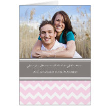 Pink Grey Chevrons Engagement Photo Announcement Greeting Card