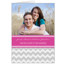 Pink Grey Chevrons Engagement Photo Announcement Greeting Card