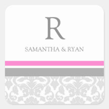 Pink Grey Damask Monogram Envelope Seal Square Sticker