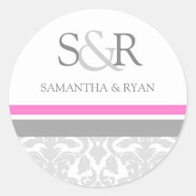 Pink Grey Damask Monogram Envelope Seal Stickers
