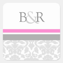 Pink Grey Damask Monogram Envelope Seal Stickers