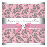 Pink Grey Swirl Damask Pink Sweet 16 Party Invitations