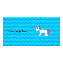 Pink hair unicorn blue chevrons personalised photo card