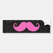 Pink handlebar moustache on black damask pattern bumper stickers
