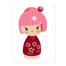 Pink Kokeshi Triplet Postcard
