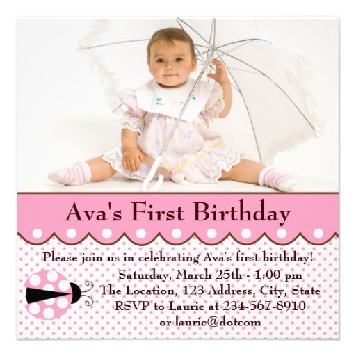 Pink Ladybug Girls Photo 1st Birthday Party Personalized Announcement