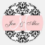 Pink Monogram Names Damask Wedding Seal Round Stickers
