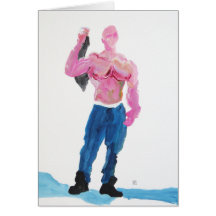 Pink Muscleman Holding T-shirt Greeting Cards