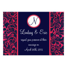 Pink Navy Blue Floral wedding invitation monogram