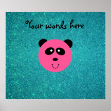 Pink panda face turquoise glitter poster