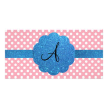 Pink polka dots monogram blue glitter customized photo card
